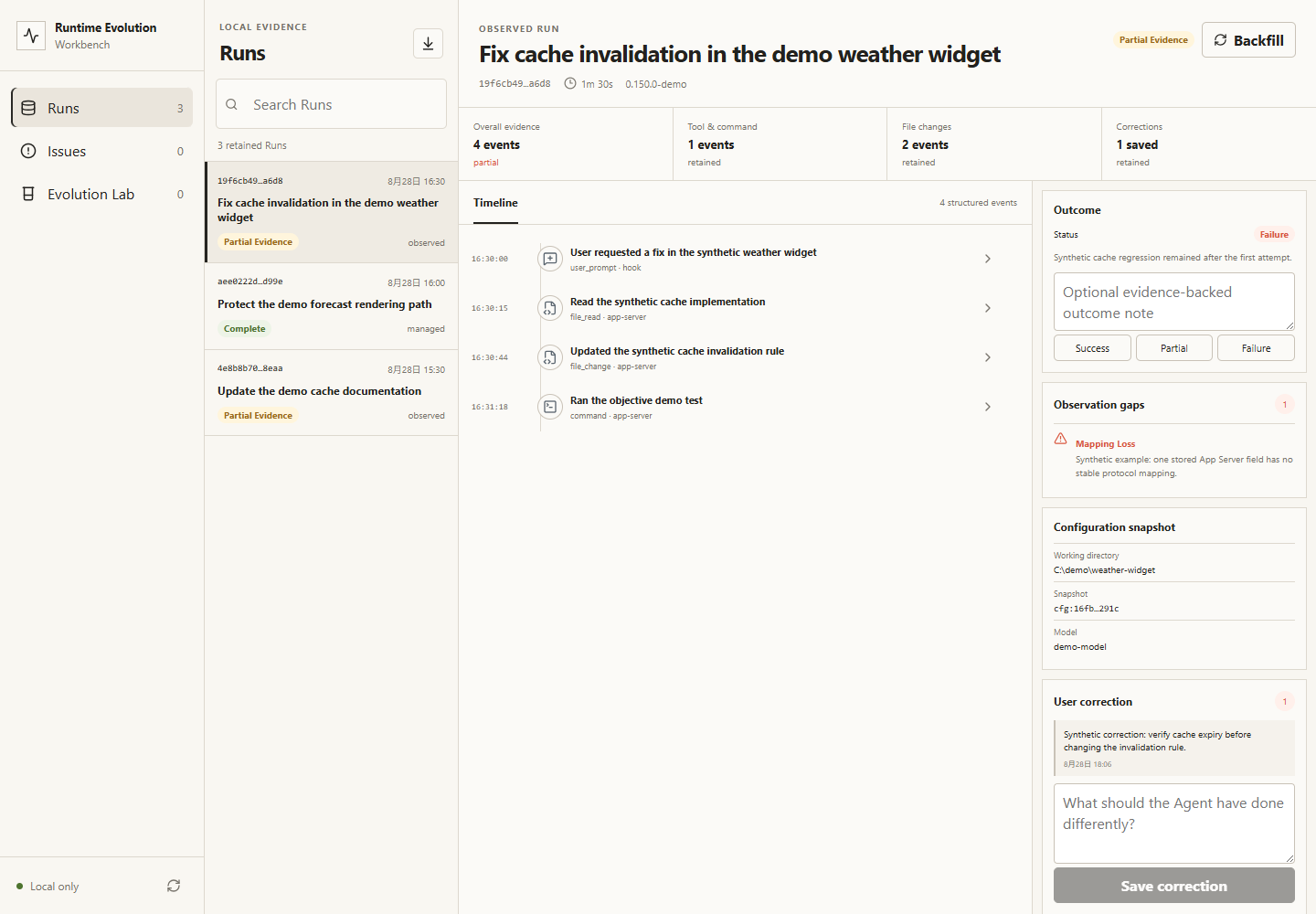 Runtime Evolution Workbench Runs page